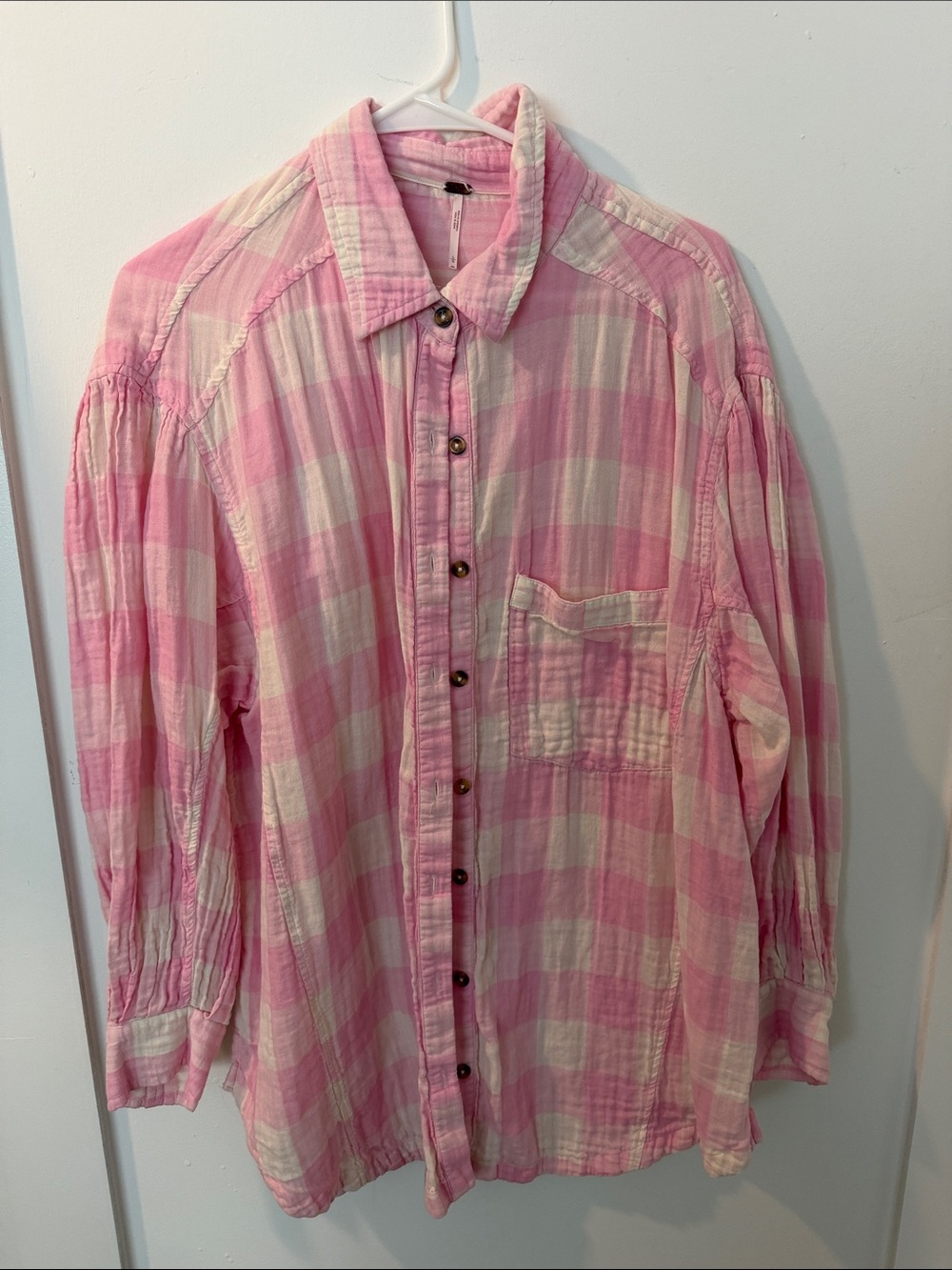 Free People Pink & Cream Plaid Button-Down Shirt